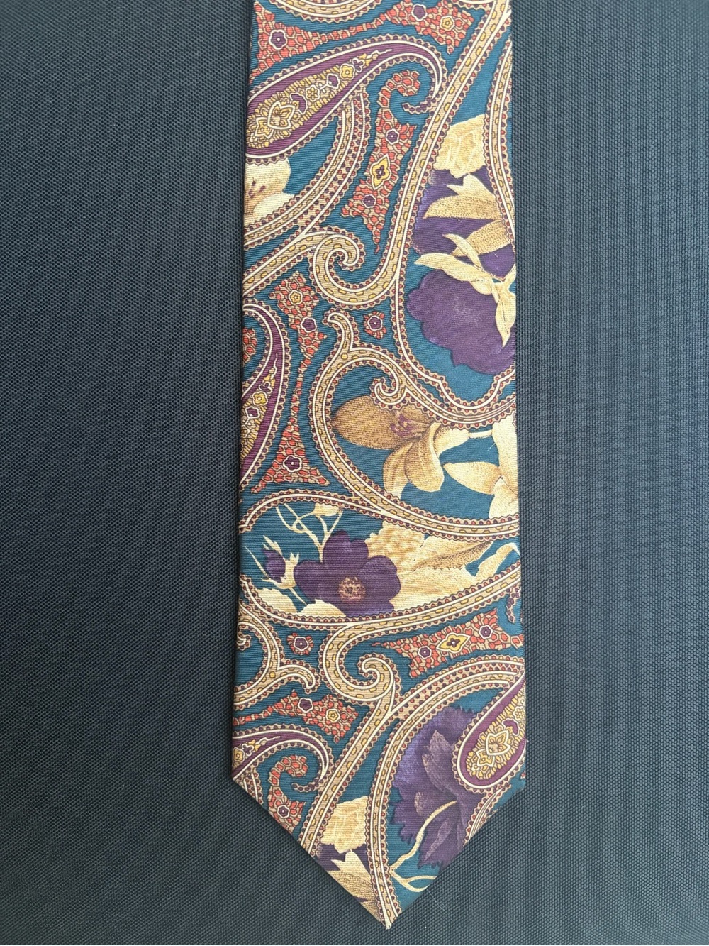 Silk Paisley Floral Tie in Teal, Purple & Gold